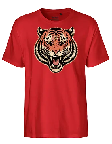 Third Eye Mystical Tiger Head Art Print - Tiger, third eye, mystical, spiritual, fierce tiger, animal art, tattoo style, wild animal, nature, bold art, unique design, tiger head, big cat, spiritual animal, tiger art print, animal lover, eye-catching, cool design, powerful, tiger roar - Fairtrade T-Shirt