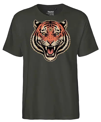 Third Eye Mystical Tiger Head Art Print - Tiger, third eye, mystical, spiritual, fierce tiger, animal art, tattoo style, wild animal, nature, bold art, unique design, tiger head, big cat, spiritual animal, tiger art print, animal lover, eye-catching, cool design, powerful, tiger roar - Fairtrade T-Shirt