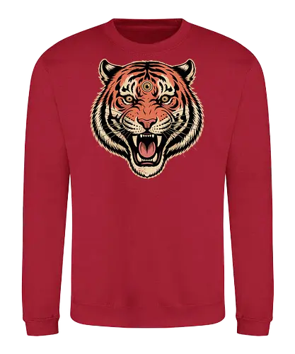 Third Eye Mystical Tiger Head Art Print - Tiger, third eye, mystical, spiritual, fierce tiger, animal art, tattoo style, wild animal, nature, bold art, unique design, tiger head, big cat, spiritual animal, tiger art print, animal lover, eye-catching, cool design, powerful, tiger roar - Sweatshirt