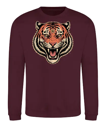 Third Eye Mystical Tiger Head Art Print - Tiger, third eye, mystical, spiritual, fierce tiger, animal art, tattoo style, wild animal, nature, bold art, unique design, tiger head, big cat, spiritual animal, tiger art print, animal lover, eye-catching, cool design, powerful, tiger roar - Sweatshirt