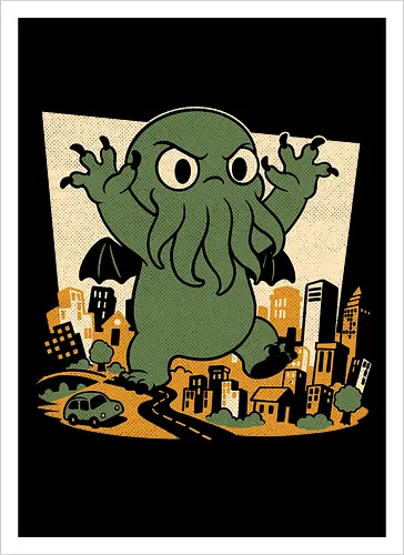 Cthulhu City Destruction - Cthulhu, Call Of Cthulhu, Cute, Cosmic Horror, Cosmic, Hp Lovecraft, Lovecraftian, Lovecraft, Animation, Horror, Vintage, Retro, Old Gods, Ancient Gods, Madness, Destroy - Artprint