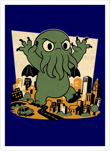 Cthulhu City Destruction - Cthulhu, Call Of Cthulhu, Cute, Cosmic Horror, Cosmic, Hp Lovecraft, Lovecraftian, Lovecraft, Animation, Horror, Vintage, Retro, Old Gods, Ancient Gods, Madness, Destroy - Artprint