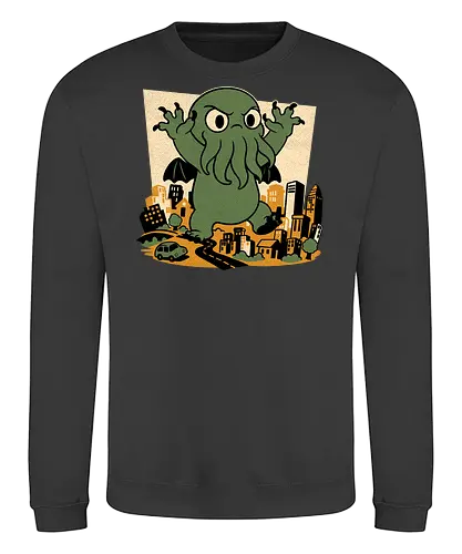 Cthulhu City Destruction - Cthulhu, Call Of Cthulhu, Cute, Cosmic Horror, Cosmic, Hp Lovecraft, Lovecraftian, Lovecraft, Animation, Horror, Vintage, Retro, Old Gods, Ancient Gods, Madness, Destroy - Sweatshirt