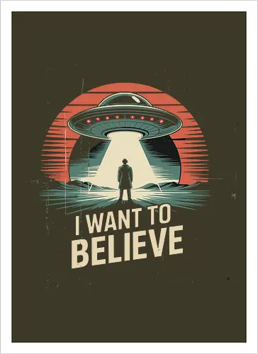 I Want To Believe" UFO Alien Abduction Retro Art