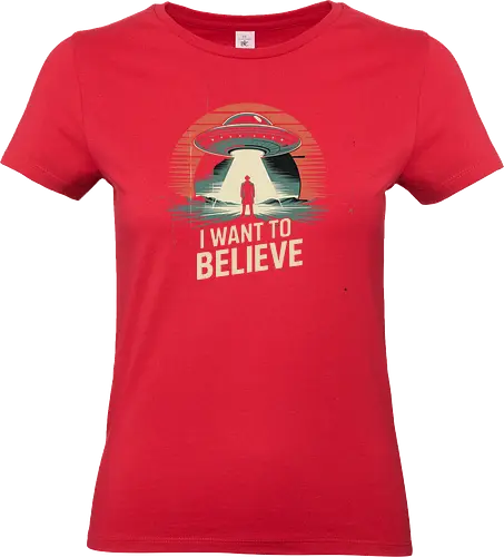 I Want To Believe" UFO Alien Abduction Retro Art - I Want To Believe, UFO, alien abduction, X-Files, retro sci-fi, vintage, conspiracy theory, extraterrestrial, flying saucer, Mulder, space, alien, sci-fi art, paranormal, mystery, cult classic, distressed, pop culture, space art - Standard T-Shirt (Women)