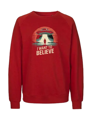 I Want To Believe" UFO Alien Abduction Retro Art - I Want To Believe, UFO, alien abduction, X-Files, retro sci-fi, vintage, conspiracy theory, extraterrestrial, flying saucer, Mulder, space, alien, sci-fi art, paranormal, mystery, cult classic, distressed, pop culture, space art - Fairtrade Sweatshirt