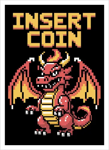 "Insert Coin" Pixel Art Retro Arcade Dragon Game Art