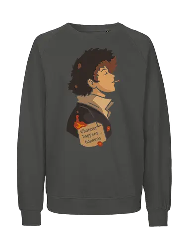 The Weight of Fate - Spike Spiegel, Cowboy, minimalist anime art, Whatever happens happens, Faye Valentine, Jet Black, Ed, Ein, anime poster, retro anime, Japanese animation, vector art, fan art, anime T-shirt design, anime print, Bebop, space bounty hunter - Fairtrade Sweatshirt