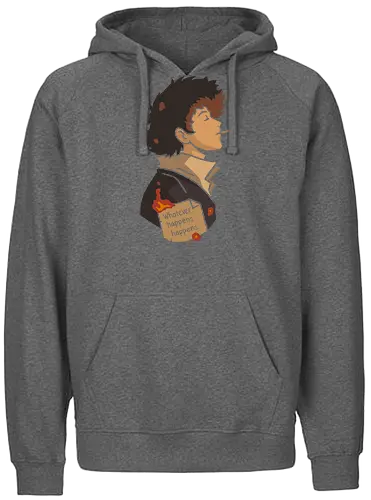 The Weight of Fate - Spike Spiegel, Cowboy, minimalist anime art, Whatever happens happens, Faye Valentine, Jet Black, Ed, Ein, anime poster, retro anime, Japanese animation, vector art, fan art, anime T-shirt design, anime print, Bebop, space bounty hunter - Fairtrade Hoodie