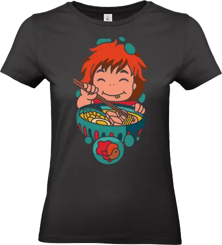Ponyo's Ramen Delight - Japanese art, Ponyo, famous anime, Miyazaki, anime food, ramen, anime girl, minimalist anime art, Japanese animation, cute anime, Sosuke, Ponyo on the Cliff by the Sea, cute art, manga, Hayao Miyazaki, anime poster, retro anime - Standard T-Shirt (Women)