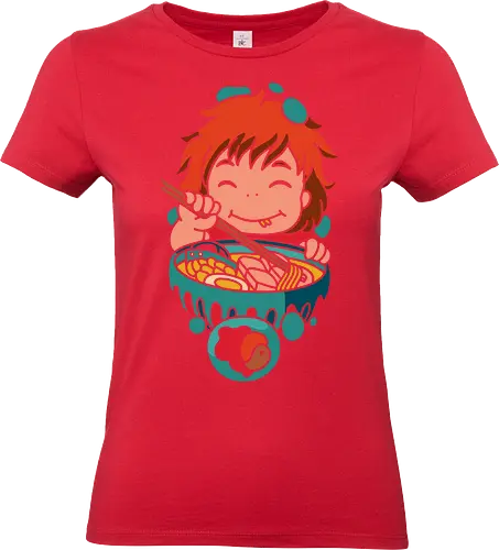 Ponyo's Ramen Delight - Japanese art, Ponyo, famous anime, Miyazaki, anime food, ramen, anime girl, minimalist anime art, Japanese animation, cute anime, Sosuke, Ponyo on the Cliff by the Sea, cute art, manga, Hayao Miyazaki, anime poster, retro anime - Standard T-Shirt (Women)