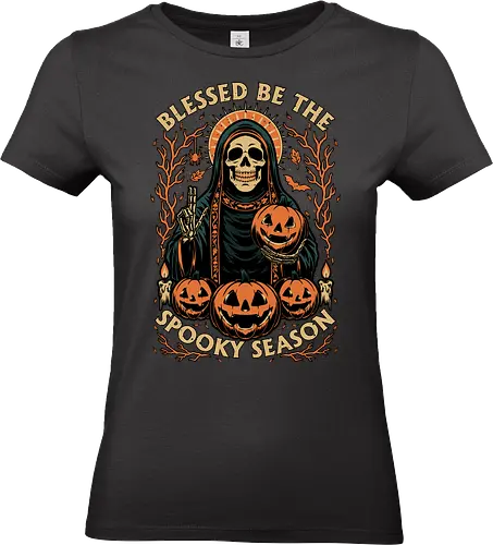 Blessed Spooky Season - Halloween, Skull, Skeleton, Halloween Art, Halloween Humor, Halloween Design, Halloween Aesthetic, Halloween Pumpkin, Creepy, Fright, Creepy, Scary, Bats, Bat, Sacred, Pumpkin, Pumpkin Head, Pumpkin Carving, Vibe, Spooky, Spooky Season, Spooky Skeleton, Candle, Blessed, Bless - Standard T-Shirt (Women)