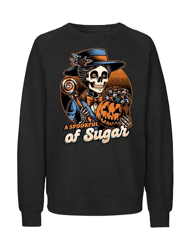Halloween Spooky Sugar - halloween, holiday, october, spooky, trick or treat, Vintage, Retro Vintage, movie, classic, Scary, creepy, skeleton, skull, spoonful, sugar, musical, candy, pumpkin - Fairtrade Sweatshirt