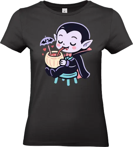 Cute Vampire Chilling - Blood-Sipping Summer Fun - vampire, cute, spooky, halloween, cartoon, blood, pumpkin, drink, chilling, chilling, relax, monster, goth, aesthetic, quirky, fun, summer, kawaii, bat, umbrella, love, hearts - Standard T-Shirt (Women)