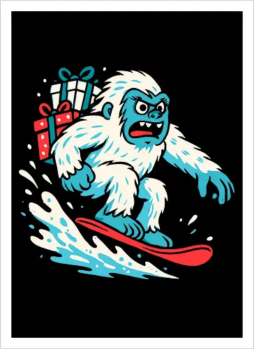 Yeti Snowboarding with Christmas Gifts