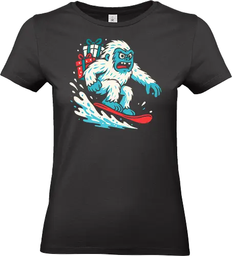 Yeti Snowboarding with Christmas Gifts - yeti, snowboard, snowboarding, christmas, gifts, winter, holidays, sports, snow, abominable snowman, cool, fun, adventure, festive, dynamic, skiing, gift, present, outdoors - Standard T-Shirt (Women)