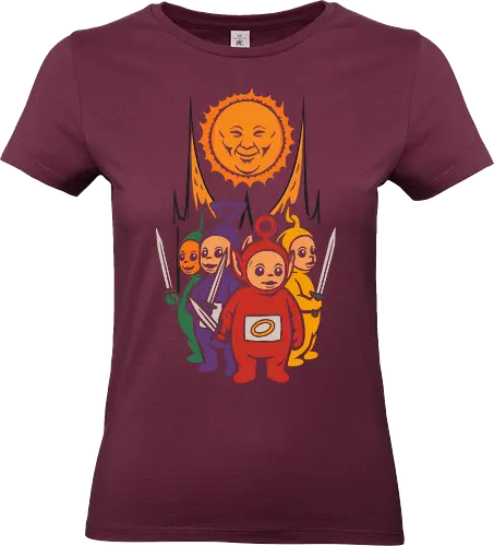  The Sun Warriors - Teletubbies, dark fantasy, funny, meme, parody, fantasy, grim, warriors, sun, nerd, geek, otaku, pop culture, sword, medieval, battle, retro, cartoon, 90s, nostalgia, vintage, unique, original, cult classic, TV show, TV series, baby sun, edgy, ironic, ironic humor - Standard T-Shirt (Women)