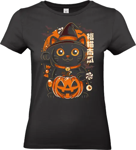 Lucky Cat Halloween - lucky cat, cat, japan, pumpkin, cool, cute, funny, horror, geek, halloween, happy halloween, candy, maneki neko, kanji, monster, kitty, kitten, candy corn - Standard T-Shirt (Women)