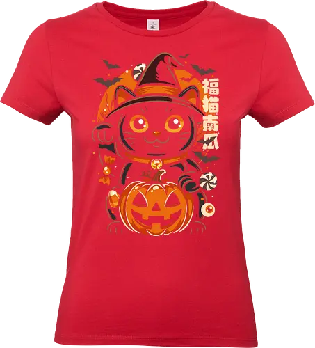 Lucky Cat Halloween - lucky cat, cat, japan, pumpkin, cool, cute, funny, horror, geek, halloween, happy halloween, candy, maneki neko, kanji, monster, kitty, kitten, candy corn - Standard T-Shirt (Women)