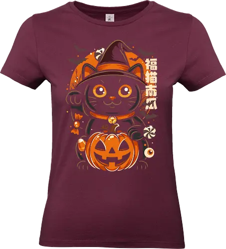Lucky Cat Halloween - lucky cat, cat, japan, pumpkin, cool, cute, funny, horror, geek, halloween, happy halloween, candy, maneki neko, kanji, monster, kitty, kitten, candy corn - Standard T-Shirt (Women)