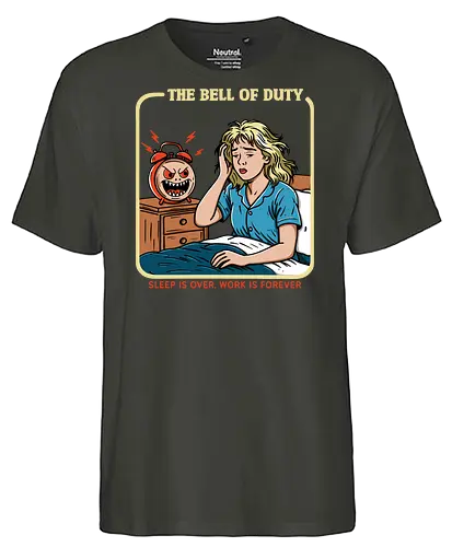 The Bell of Duty - salary, job, mental health, working mom, retro, horror, duty, bell, alarm, working, employee, office life, modern life, humor, relatable, sarcasm - Fairtrade T-Shirt