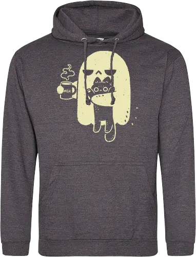 Cute Ghost Holding Cat - morning, monday, ghost, black cat, holding cat, grumpy, coffee, funny, sarcastic, mug, meh, spooky cute, creepy cute, hate, xmorfina - Standard Hoodie