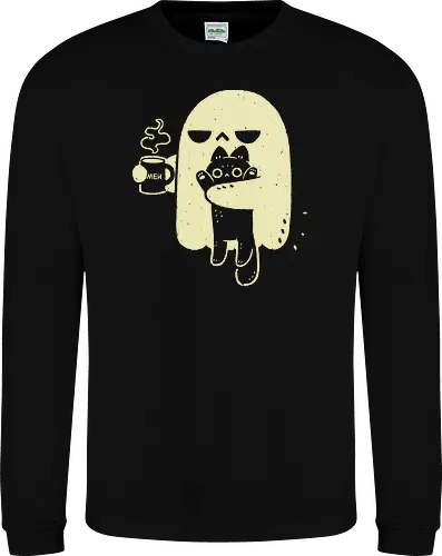 Cute Ghost Holding Cat - morning, monday, ghost, black cat, holding cat, grumpy, coffee, funny, sarcastic, mug, meh, spooky cute, creepy cute, hate, xmorfina - Sweatshirt