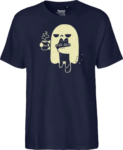 Cute Ghost Holding Cat - morning, monday, ghost, black cat, holding cat, grumpy, coffee, funny, sarcastic, mug, meh, spooky cute, creepy cute, hate, xmorfina - Fairtrade T-Shirt