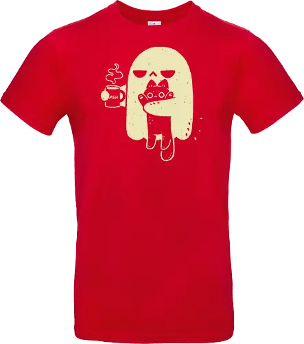 Cute Ghost Holding Cat - morning, monday, ghost, black cat, holding cat, grumpy, coffee, funny, sarcastic, mug, meh, spooky cute, creepy cute, hate, xmorfina - Standard T-Shirt