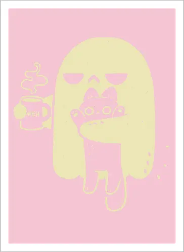 Cute Ghost Holding Cat - morning, monday, ghost, black cat, holding cat, grumpy, coffee, funny, sarcastic, mug, meh, spooky cute, creepy cute, hate, xmorfina - Artprint