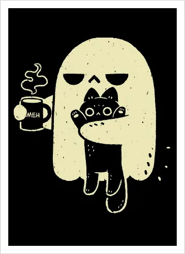 Cute Ghost Holding Cat - morning, monday, ghost, black cat, holding cat, grumpy, coffee, funny, sarcastic, mug, meh, spooky cute, creepy cute, hate, xmorfina - Artprint