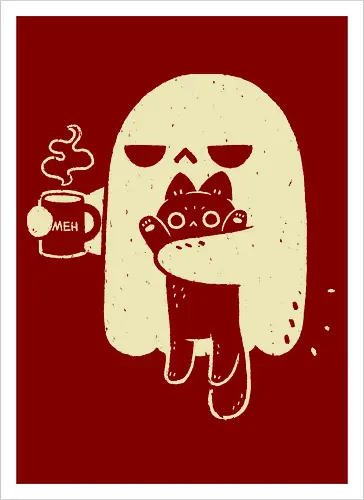 Cute Ghost Holding Cat - morning, monday, ghost, black cat, holding cat, grumpy, coffee, funny, sarcastic, mug, meh, spooky cute, creepy cute, hate, xmorfina - Artprint