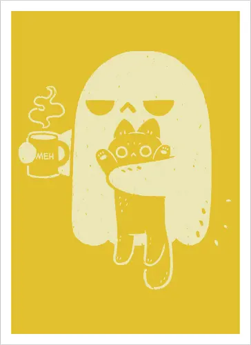 Cute Ghost Holding Cat - morning, monday, ghost, black cat, holding cat, grumpy, coffee, funny, sarcastic, mug, meh, spooky cute, creepy cute, hate, xmorfina - Artprint