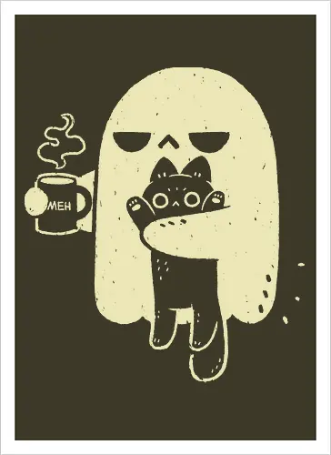 Cute Ghost Holding Cat - morning, monday, ghost, black cat, holding cat, grumpy, coffee, funny, sarcastic, mug, meh, spooky cute, creepy cute, hate, xmorfina - Artprint