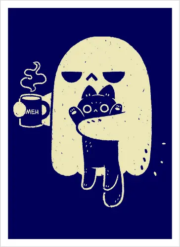 Cute Ghost Holding Cat - morning, monday, ghost, black cat, holding cat, grumpy, coffee, funny, sarcastic, mug, meh, spooky cute, creepy cute, hate, xmorfina - Artprint