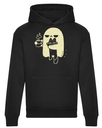 Cute Ghost Holding Cat - morning, monday, ghost, black cat, holding cat, grumpy, coffee, funny, sarcastic, mug, meh, spooky cute, creepy cute, hate, xmorfina - Heavyweight Hoodie