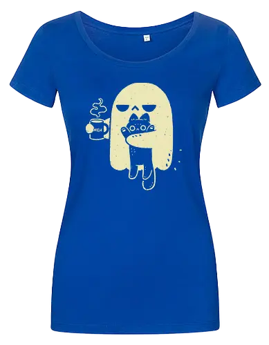 Cute Ghost Holding Cat - morning, monday, ghost, black cat, holding cat, grumpy, coffee, funny, sarcastic, mug, meh, spooky cute, creepy cute, hate, xmorfina - Women T-Shirt