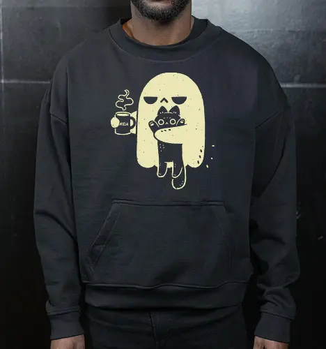 Cute Ghost Holding Cat - morning, monday, ghost, black cat, holding cat, grumpy, coffee, funny, sarcastic, mug, meh, spooky cute, creepy cute, hate, xmorfina - Cropped Sweatshirt