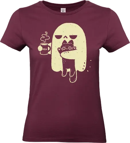 Cute Ghost Holding Cat - morning, monday, ghost, black cat, holding cat, grumpy, coffee, funny, sarcastic, mug, meh, spooky cute, creepy cute, hate, xmorfina - Standard T-Shirt (Women)
