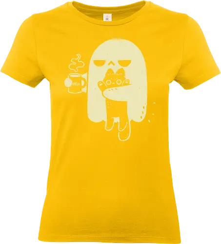 Cute Ghost Holding Cat - morning, monday, ghost, black cat, holding cat, grumpy, coffee, funny, sarcastic, mug, meh, spooky cute, creepy cute, hate, xmorfina - Standard T-Shirt (Women)