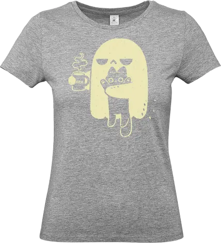 Cute Ghost Holding Cat - morning, monday, ghost, black cat, holding cat, grumpy, coffee, funny, sarcastic, mug, meh, spooky cute, creepy cute, hate, xmorfina - Standard T-Shirt (Women)
