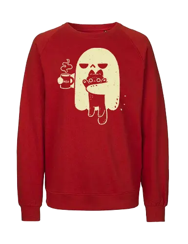 Cute Ghost Holding Cat - morning, monday, ghost, black cat, holding cat, grumpy, coffee, funny, sarcastic, mug, meh, spooky cute, creepy cute, hate, xmorfina - Fairtrade Sweatshirt