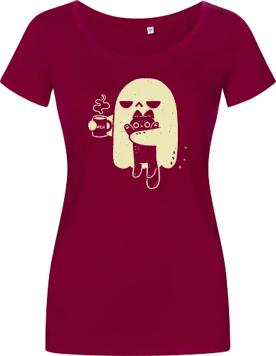 Cute Ghost Holding Cat - morning, monday, ghost, black cat, holding cat, grumpy, coffee, funny, sarcastic, mug, meh, spooky cute, creepy cute, hate, xmorfina - Women T-Shirt