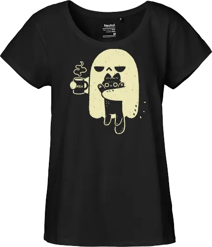 Cute Ghost Holding Cat - morning, monday, ghost, black cat, holding cat, grumpy, coffee, funny, sarcastic, mug, meh, spooky cute, creepy cute, hate, xmorfina - Fairtrade Girl Shirt