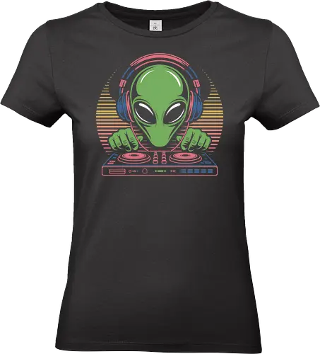 Alien DJ - alien dj, neon alien graphic, retro sci-fi, 80s style, unique alien, concert, for music fans, alien dj, music lover, sci-fi graphic - Standard T-Shirt (Women)