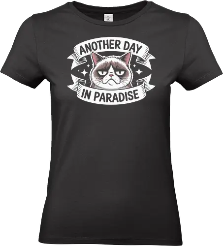 Another Day in Paradise Cat - grumpy cat art, sarcastic paradise design, funny cat print, cat lover design, playful ribbon graphic, humorous cat illustration, unique cat art, gift for cat fans, black and white cat design, starry cat print - Standard T-Shirt (Women)