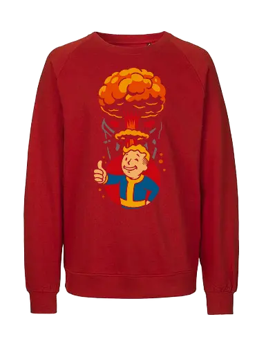 Vault's Atomic Approval - retro, bethesda, fallout, Vault, video game, gaming, post-apocalyptic, atomic, nuclear, wasteland, retro-futurism, fan art, pop culture, geek, geeky, graphic tee, thumbs up, explosion - Fairtrade Sweatshirt