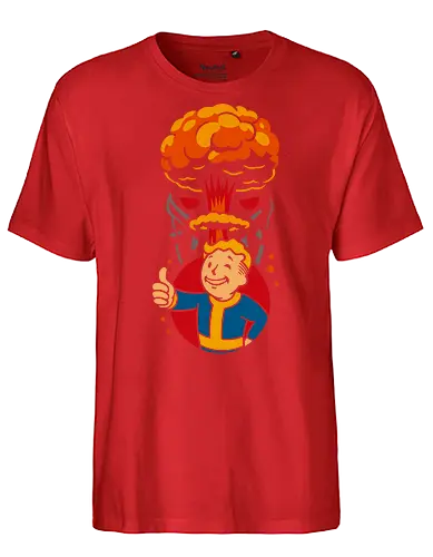 Vault's Atomic Approval - retro, bethesda, fallout, Vault, video game, gaming, post-apocalyptic, atomic, nuclear, wasteland, retro-futurism, fan art, pop culture, geek, geeky, graphic tee, thumbs up, explosion - Fairtrade T-Shirt