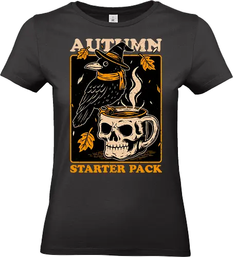 Crow Autumn Coffee - Tea, Witch, Halloween, Eerie, Fright, Creepy, Halloween Design, Halloween Art, Halloween Aesthetic, Halloween Vibes, Crow, Cute, Funny, Autumn, Autumn Leaves, Autumn Vibes, Spooky, Spooky Season, Spooky Cute. Skull, Skeleton, Mug, Coffee - Standard T-Shirt (Women)