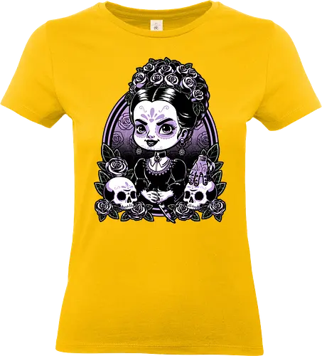 Gothic Muerte Girl - The Addams Family, Wednesday Addams, Addams Family, Morticia Addams, Gomez Addams, Thing, Wednesday, Dia De Los Muertos, Santa Muerte, Goth, Gothic, Skull, Skeleton, Flower, Roses, Tattoo, Traditional Tattoo, Halloween, Spooky, Spooky Season, Tv Show, TV, Movie, Book, Creepy, Scary, Creepy Doll, horror - Standard T-Shirt (Women)